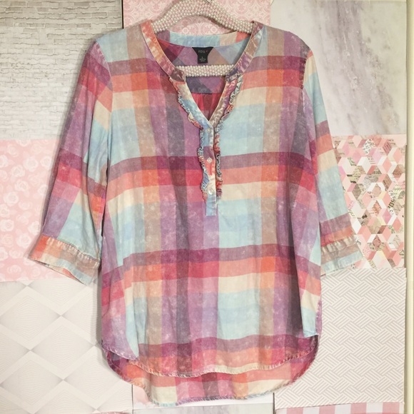 intro Tops - Intro | Pastel Plaid Flannel Button 3/4 Sleeve